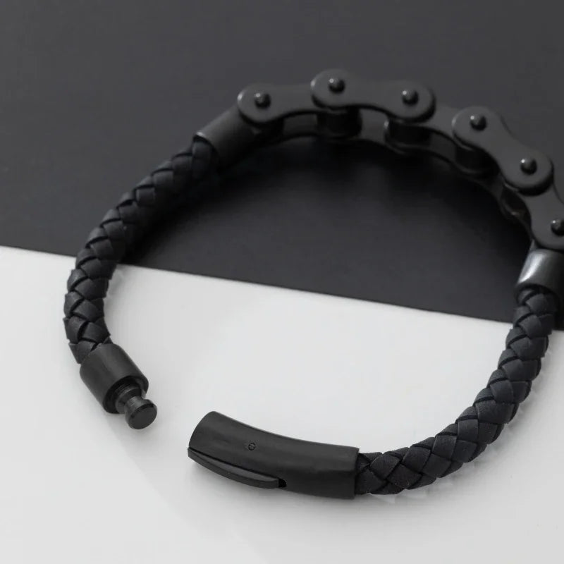 Retro Punk Fahrradkette handgewebtes Lederarmband mit Metallschnalle für Männer Motorradfahrer Rock Party Schmuck Geschenk
