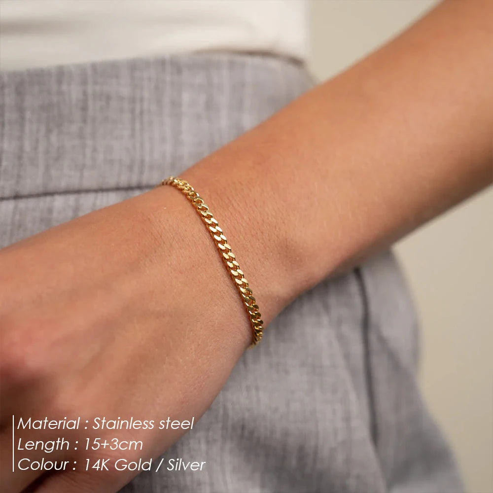 eManco 3 mm kubanische Kette vergoldetes Herrenarmband aus Edelstahl, große Version, Karabinerverschluss, verstellbar, einfacher Schmuck
