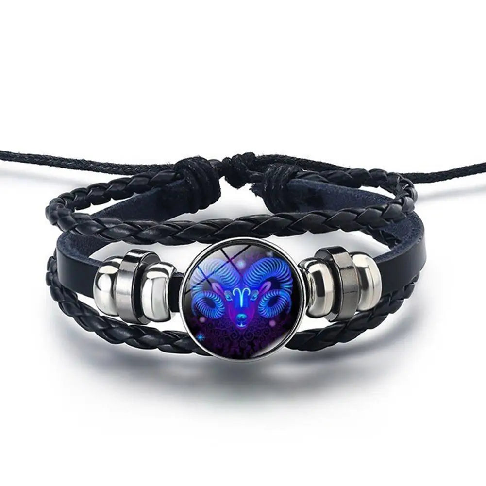 12 Sternbild Edelstein Leder Armband Männer Frauen Glas Armband Paar Leder mehr schicht ige Webart Geburtstags geschenk Armreif Edelstein