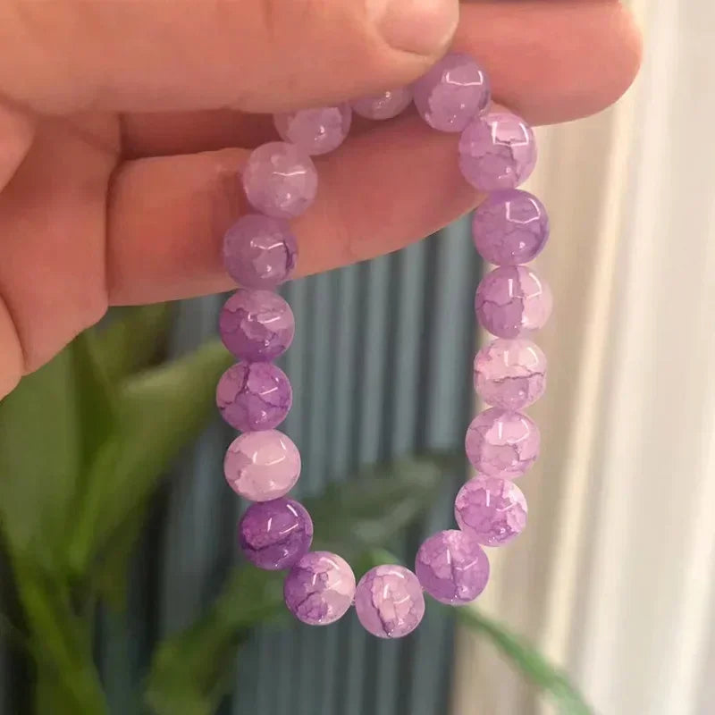 Natürliches rosa/buntes Kristall-/Porzellan-Armband mit Eis-Rissmuster und gemusterten Perlen, einzelner Kreis, glücklicher Heilstein, Schmuck, Geschenk