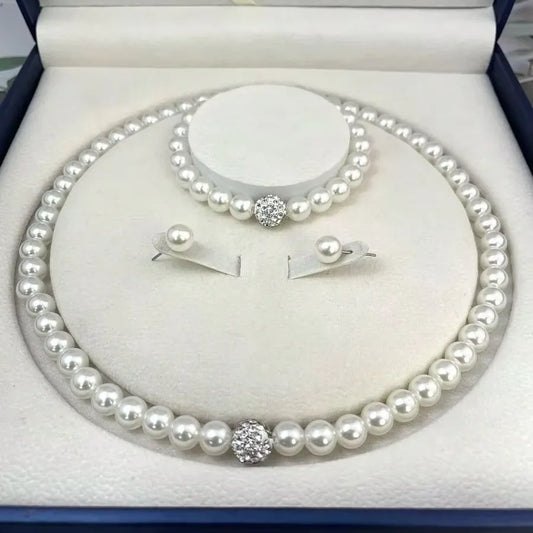 3-teiliges Set mit Imitationsperle, Feuerball-Halskette, Armband, Ohrring, Ohrstecker, Schmuckset, silberfarben, Kristallstein, eleganter Brautschmuck