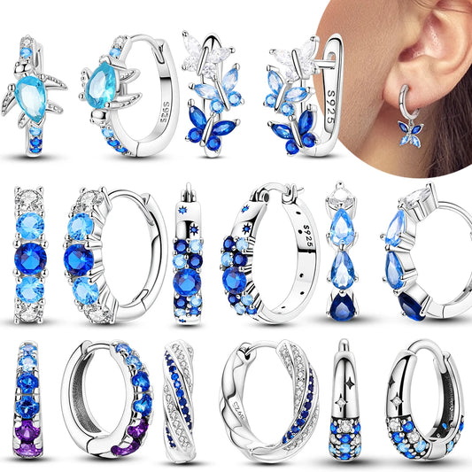 Original 925 Sterling Silber Blaue Zirkonium Schmetterling Ohrringe Farbige Creolen Frauen Weibliche Party Edlen Ohrring Schmuck