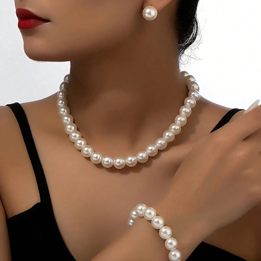 INS Mode Minimalistischen Imitation Perle Halskette Ohrringe Armband Schmuck Set frauen Party Zubehör