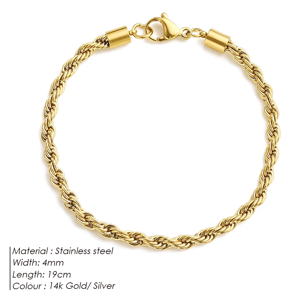 Emanco Edelstahl Twisted Rope Link Chain uneinstellbare Damen Hip Hop Punk 4mm Armbänder