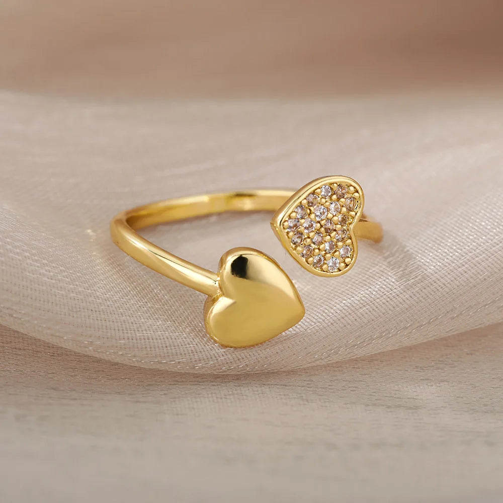 Glatte Doppel Herz Ringe Für Frauen Edelstahl Zirkon Herz Liebe Ring Einstellbare Finger Ring Weihnachten Schmuck Hochzeit Geschenk