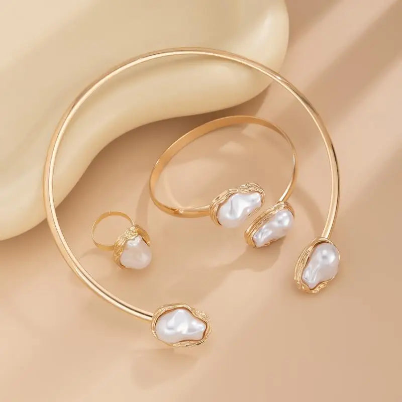 Vintage Unregelmäßige Barock Perlen Halskette Armbänder für Frauen Charme Gold Farbe Verstellbare Öffnung Ringe Schmuck Set Party Geschenke