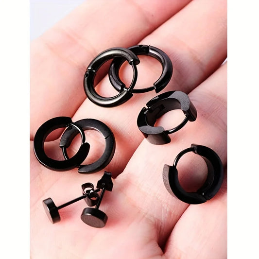 Stilvolles 4-Paar-Ohrring-Set für Herren – Ohrstecker und Creolen aus schwarzem Edelstahl, langlebig, vielseitig und allergiefrei