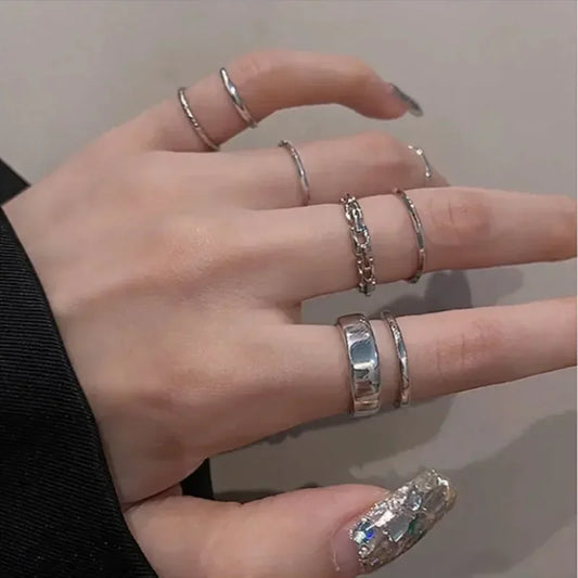 7Pcs Punk Einfache Ringe Set Silber Farbe Geometrische Hohl Breiten Ring Set frauen Vintage Joint Hiphop Finger Ringe schmuck Geschenke
