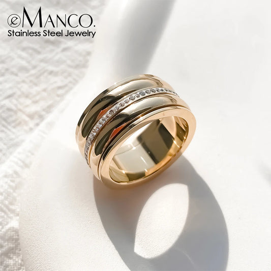 eManco Wide Face Intarsien Strass vergoldet Ring Metallic Paar Edelstahl Schmuck Ringe Fabrik Direkt Großhandelspreis