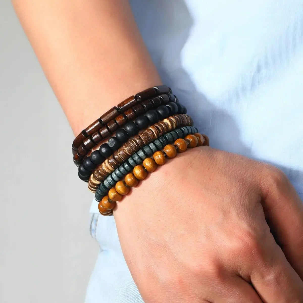 6PCS Wodeen Geflochtenes Wrap Lederarmband für Männer Vintage Leben Holzperlen Mode Männliche Armband