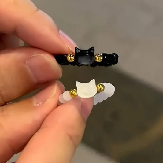 Mode Natürliche Mondstein Obsidian Ringe Minimalistischen Handgemachte Nette Schwarz Weiß Katze Perle Ring Frauen Party Zubehör Schmuck Geschenk