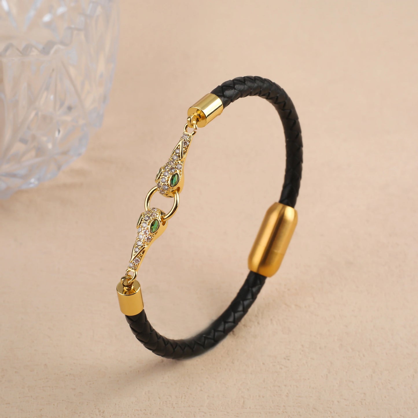 Voller Zirkonia, Leoparden-Tier-Leder, geflochtenes Edelstahl-Armband, klassisch für Mann und Frau, täglicher Party-Schmuck, Geschenk