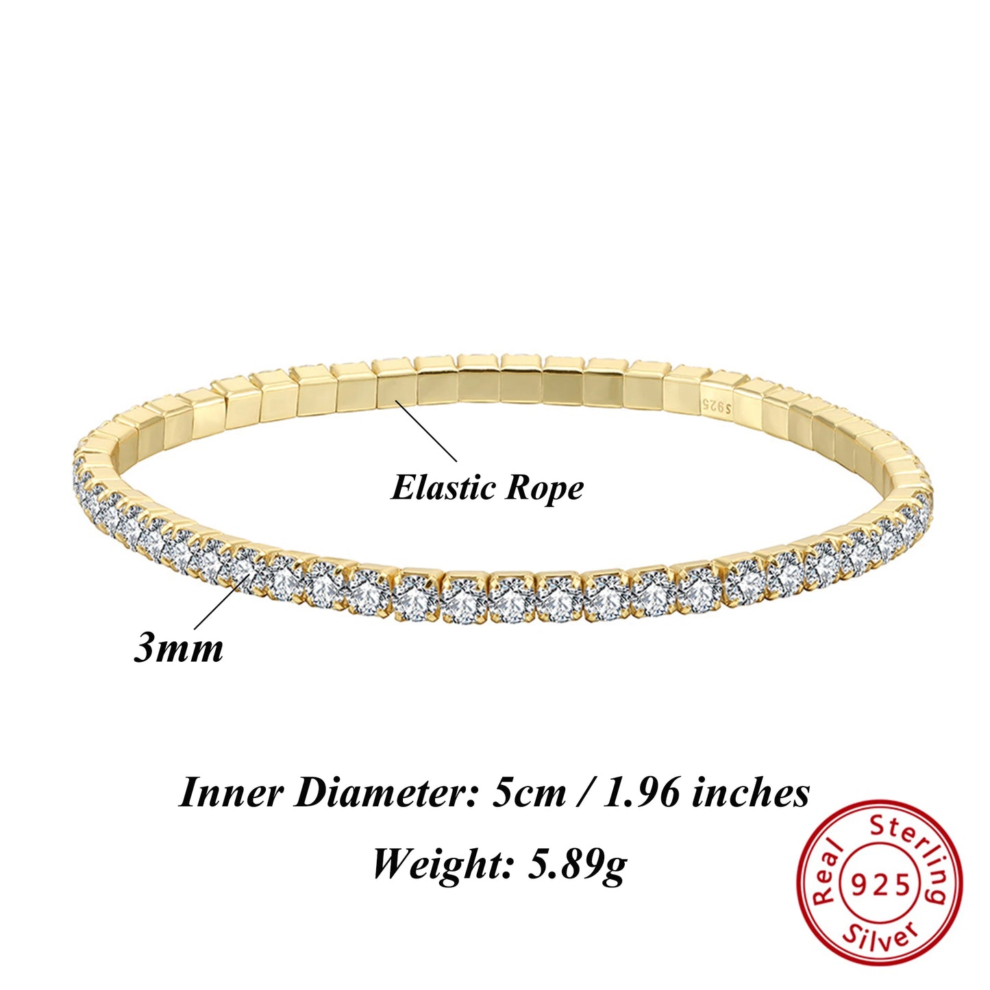 ORSA JEWELS 3 mm funkelndes 5A-Tenniskettenarmband mit kubischem Zirkonia, 925er Sterlingsilber, 14 Karat vergoldetes elastisches Seil, vorhanden SB217