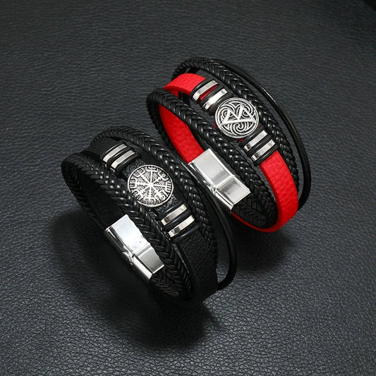 Mehrschichtiges, von Wikinger inspiriertes Lederarmband für Herren. Trendiges, schwarz/rotes, modisches geflochtenes Armband für soziale Anlässe