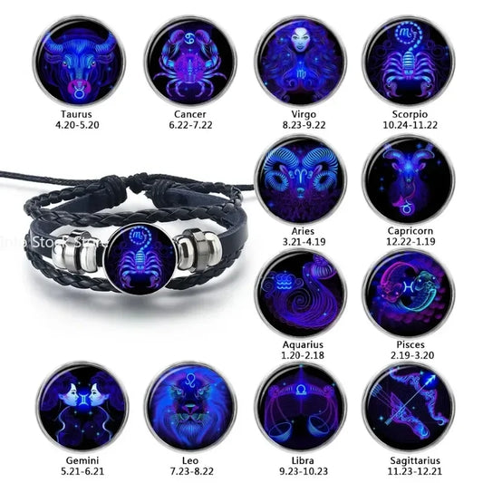 Zwillinge Löwe, Waage, Skorpion, Schütze, 12 Sternbild, leuchtendes Armband, Lederarmband, Sternzeichen-Charm-Schmuck, Armband für Herren