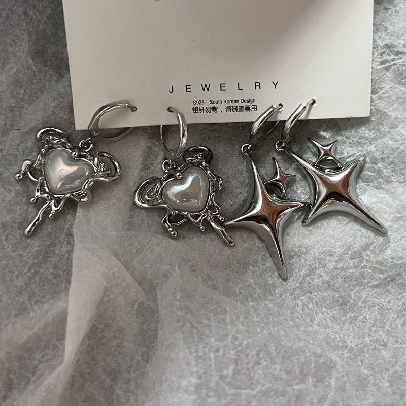 Einfache Silber Farbe Stern Ohrringe für Frauen Opal Stein Herz Creolen Punk Y2K Nette Tägliche Tragen Schmuck Party Geschenke
