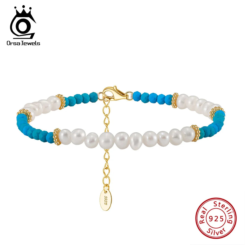ORSA JEWELS Türkis-Stein-Armband, Kette aus 925er Silber, natürliche Perlen und türkisfarbene Armbänder, exquisiter Jubiläumsschmuck MPB01
