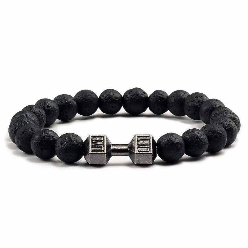 Hochwertige Männer Perlen Armband natürliche schwarze Lava Stein Hantel Charm Armbänder Energie Fitness Lang hantel Mode Frauen Schmuck