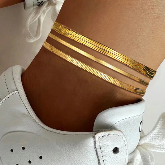 Edelstahl-Fußkettchen, 3-teilig, minimalistisch, flach, Schlangenkette, Design-Sinn-Fußkettchen für Damen, Schmuck, Strand, Party, neue Streetwear