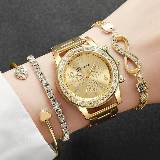 4 Teile/satz Mode Strass Frauen Uhren Luxus Stahl Band Damen Quarzuhr Armbänder Set Reloj Mujer (Ohne Box)
