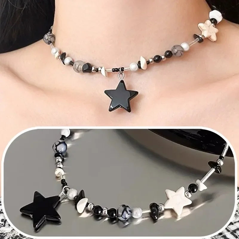 Y2K Schwarzer Stern Anhänger Halskette Frauen Süße Coole Hals Schmuck Mädchen Personalisierte Leichte Harz Pentagramm Perlen Halskette Geschenk