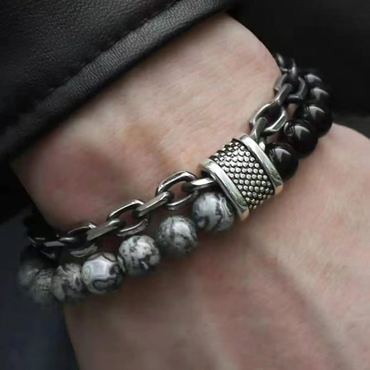 1-teilige Punk-Kette mit schlichtem Temperament, schwarze Perlenkette mit Naturstein-Perlenkette, Armbänder für Herren, modische Gegenstände, Urlaub, Reisen