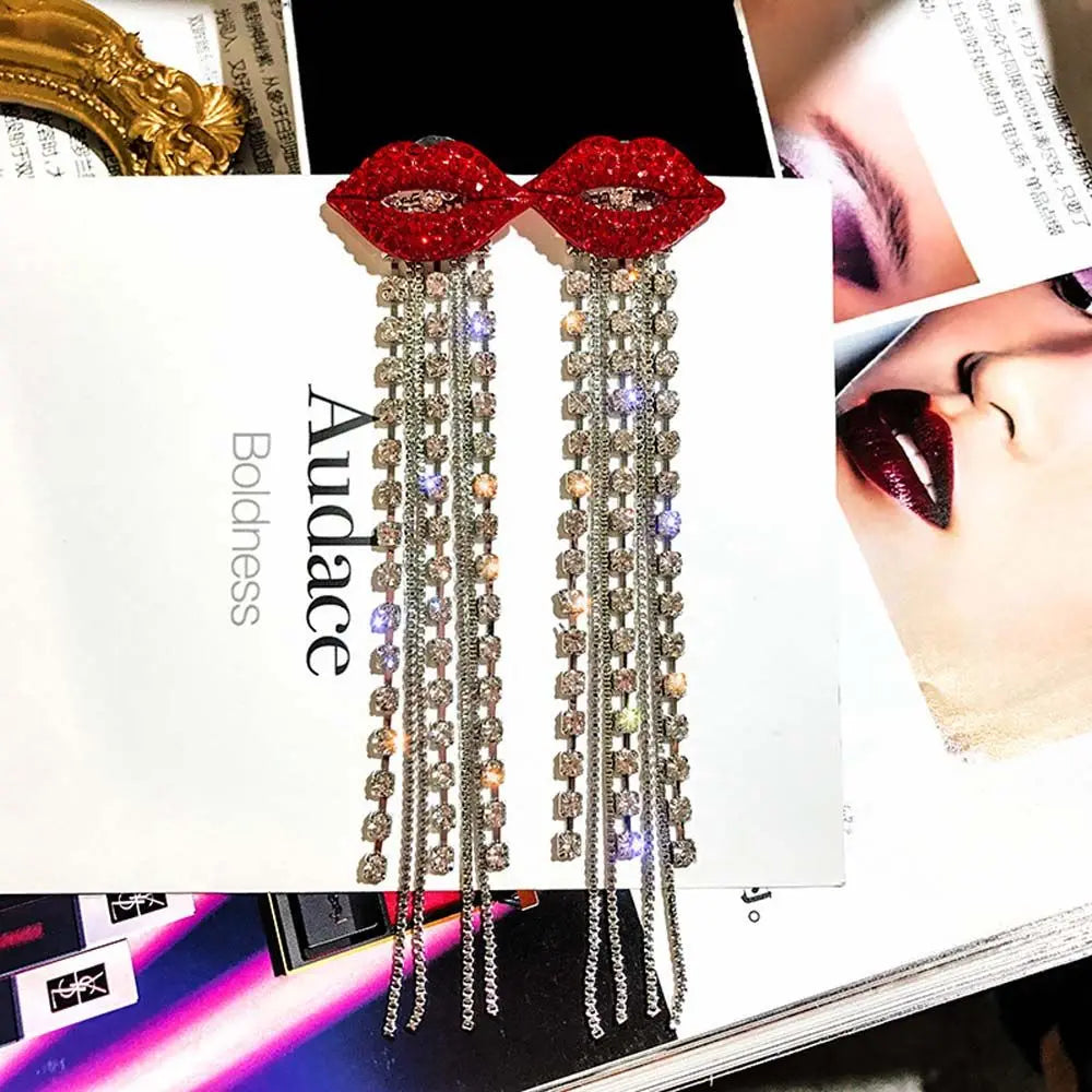 Trend ige glänzende Kristall Quaste rote Lippen baumeln Ohrring Strass rote Mund kette lange Quaste Ohrringe für Frauen