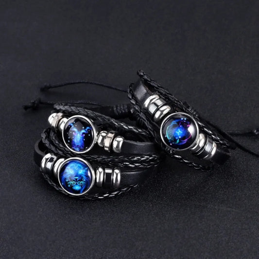 12-Sternbild-Sternzeichen, schwarzes geflochtenes Lederarmband, Krebs, Löwe, Jungfrau, Waage, gewebte Glaskuppel, Schmuck, Punk-Männerarmband