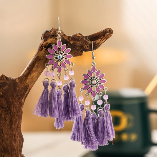 Klassische ethnische Quasten-Ohrringe für Frauen, böhmische Emaille-Blume, Kristall, handgefertigter Ohrring, weiblicher täglicher Urlaubsschmuck