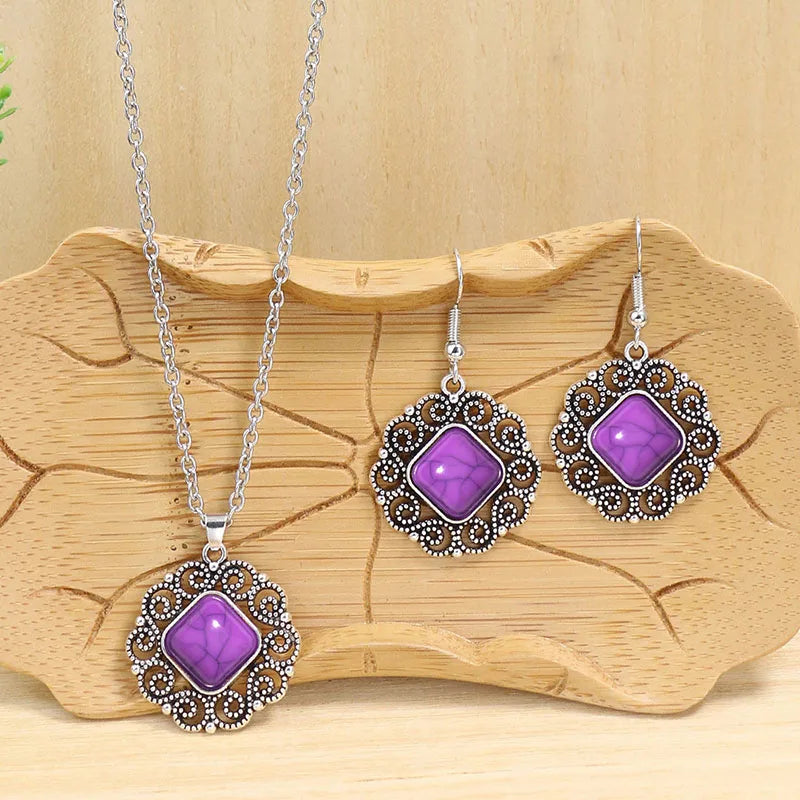 Böhmisches lila quadratisches Wassertropfen-Ohrring-Halsketten-Set für Frauen, europäische und amerikanische Mode, Temperament, Vintage-Schmuck