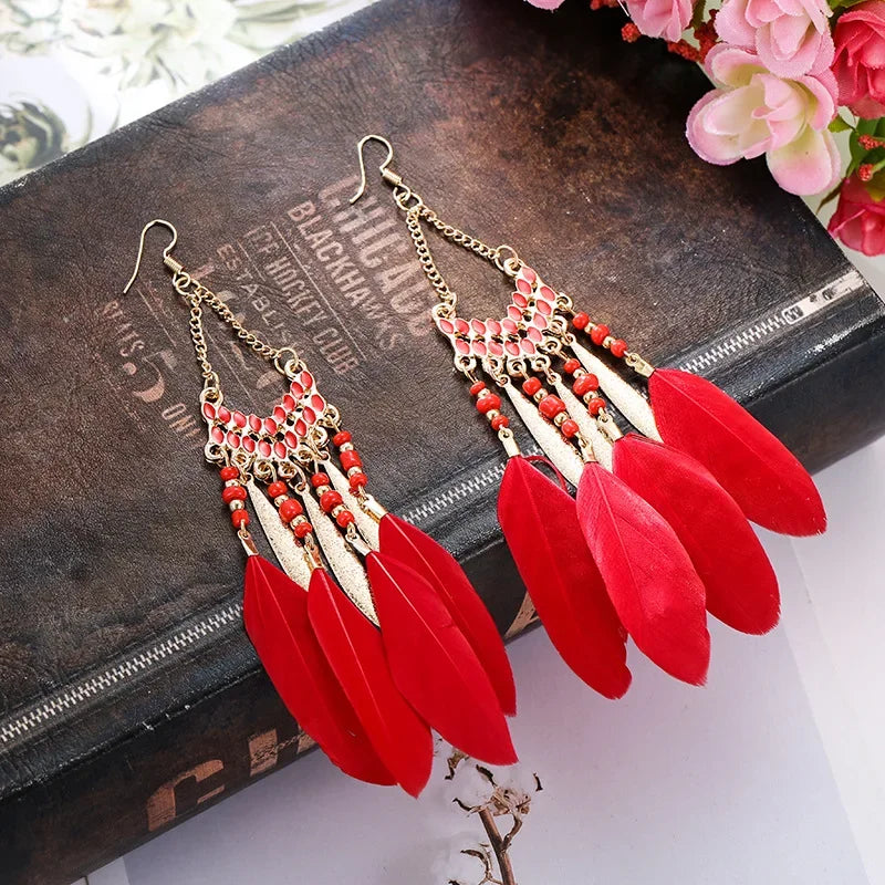 Bohemian Ethnische Feder Baumeln Ohrringe Für Frauen Trendy Lange Quaste Bunte Perlen Tropfen Ohrringe Mädchen Weibliche Boho Schmuck