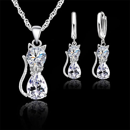 Echtes 925er-Sterlingsilber, farbige Schmucksets für Damen und Mädchen, glänzender österreichischer Kristall, niedliche Katze, Anhänger, Halskette, Huggie-Ohrring