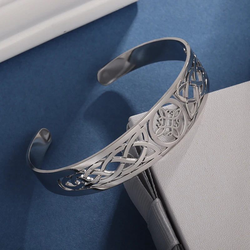 Hexenknoten-Manschettenarmband aus Edelstahl, heidnisches Hexerei-Symbol, magischer Knoten, viel Glück, Amulett, Armreifen, keltischer Knoten, Schmuck