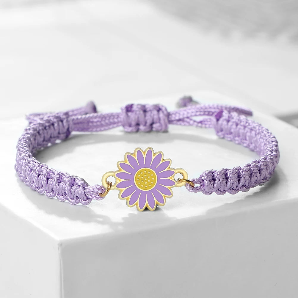 Neue Frauen Seil Armbänder Hand Gewebt Lila Faden Armband Niedlichen Tier Anhänger Armband Vintage Daisy Blume Armreif Mädchen Schmuck