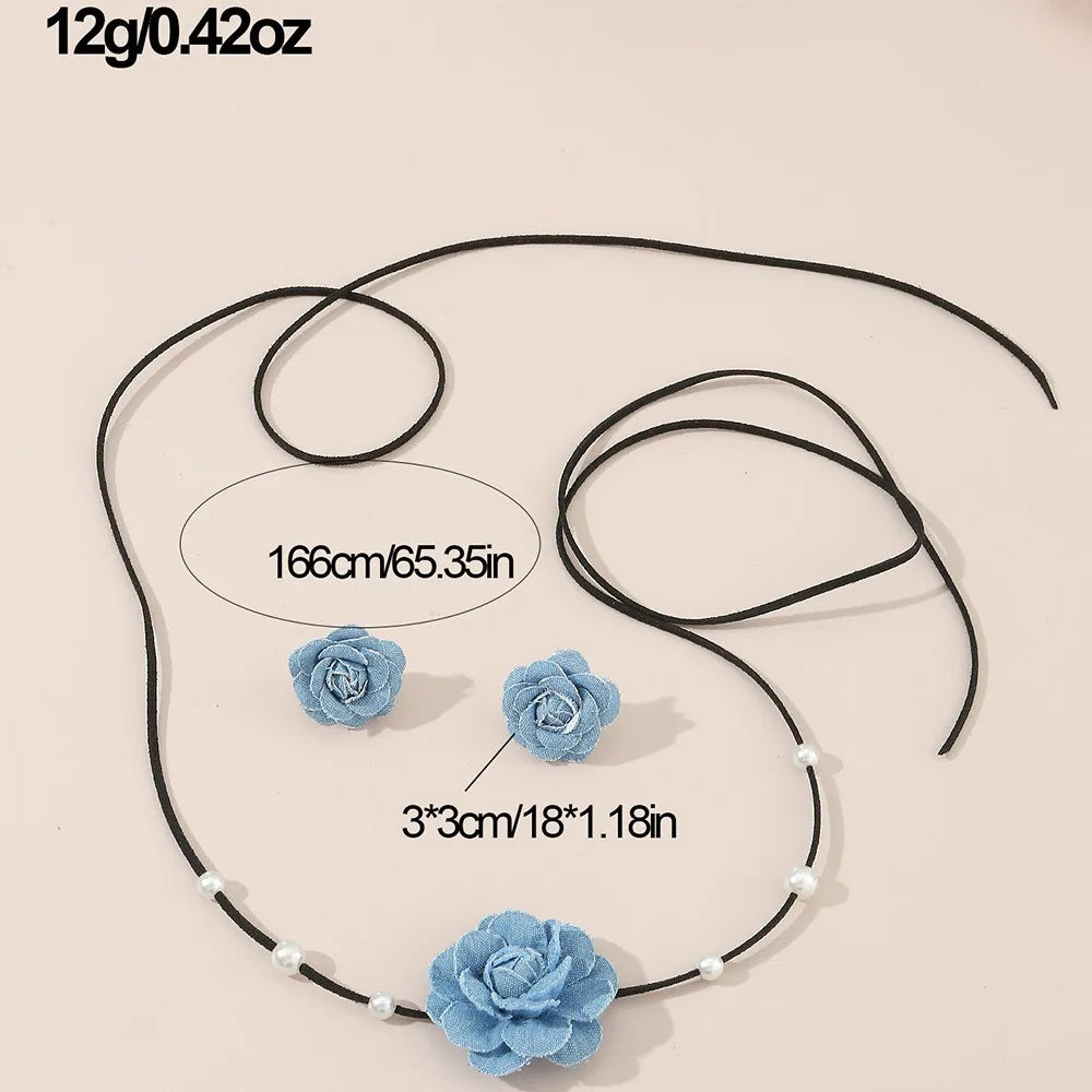 2-teiliges Denim-Kamelien-Perlen-Krawatten-Halsketten-Ohrring-Set für Damen, Modeschmuck, Geschenk