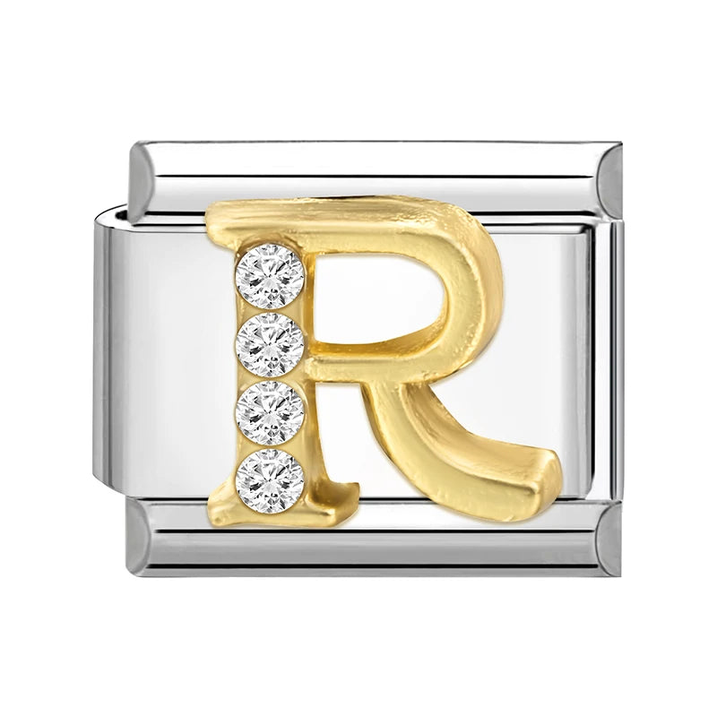 Neues modisches italienisches Armband mit 26 englischen Buchstaben, Edelstahl-Armreif, goldfarben, eingelegter Zirkonia, DIY-Herstellung von Schmuck, Geschenken