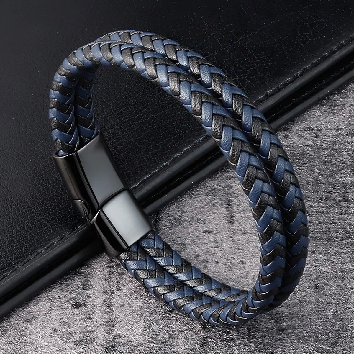 Männer Schwarz Blau Geflochtenes Echtleder Armband Doppelband Armreif