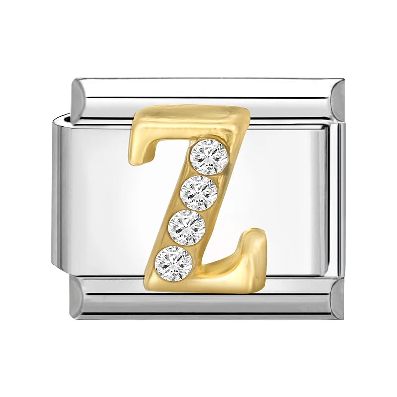 Neues modisches italienisches Armband mit 26 englischen Buchstaben, Edelstahl-Armreif, goldfarben, eingelegter Zirkonia, DIY-Herstellung von Schmuck, Geschenken