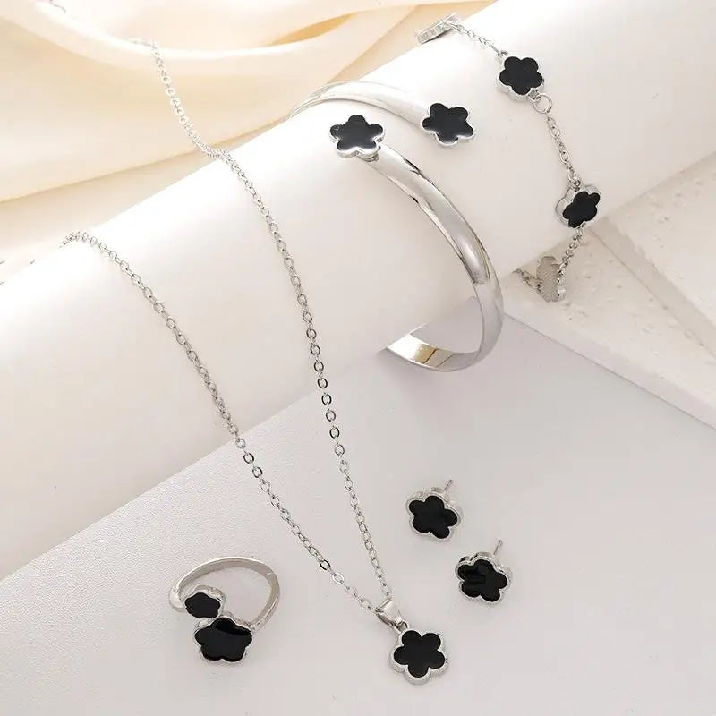 5 Stück Glückliche fünfblütige Blume Frauen Schmuck Set, Mode Blume Armband + Halskette + Ohrringe + Armband + Ring, Geburtstag