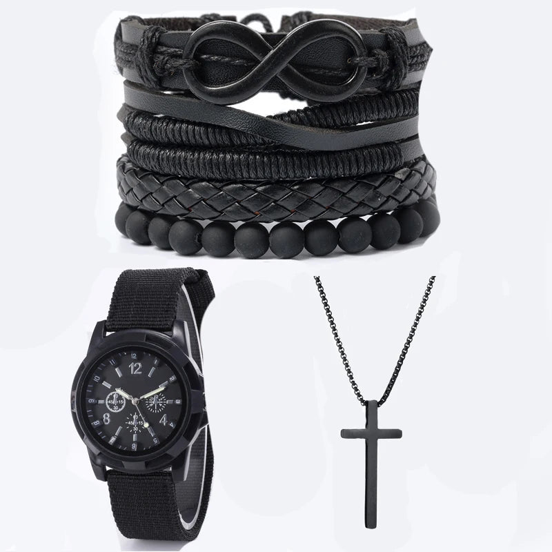 6pcs_Set Modisches Perlenarmband aus Pu-Leder in '8-Form mit mechanischer Uhr, Kreuz-Anhänger-Halskette für Herren, schwarz gefärbt