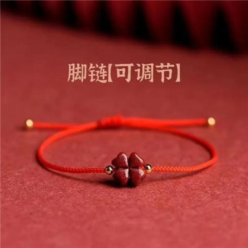 Natürlicher lila Zinnober-Glücksklee, handgefertigt, rotes Seil, Glücksarmreif, Damen- und Herren-Glücks-Fußkettchen, Armband, Größe verstellbar, • Mohamedпо