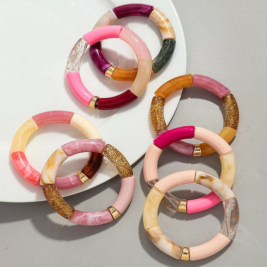 Bohomia Acryl-Design-Stil, klobiges Bambus-Stapelarmband für Damen, Boho, elastisch, bunt, Röhrenperlen, Armbänder 2024, Schmuck