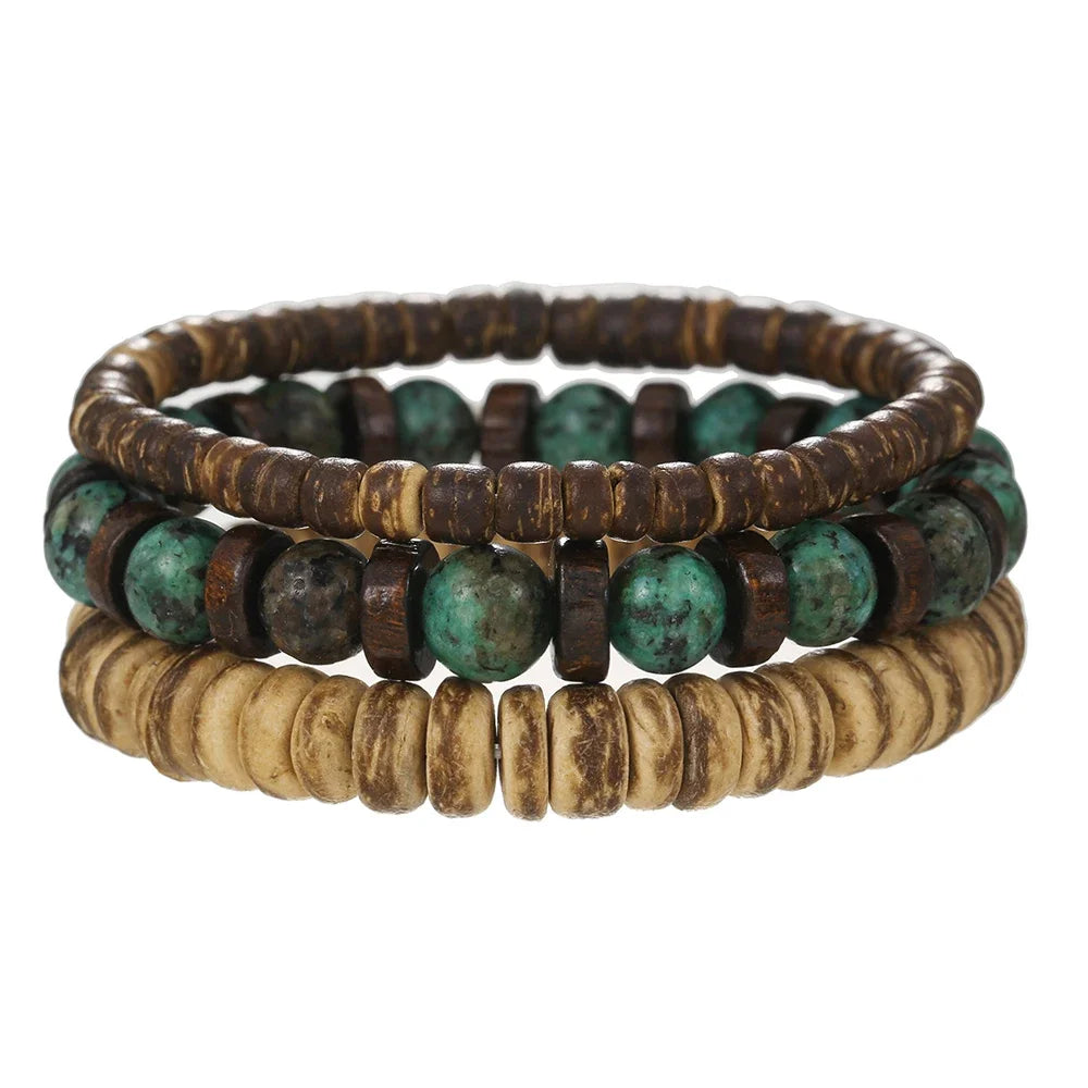 Meistverkaufte mehrschichtige Buddha-Holzperlen-Armbänder-Sets für Herren im Retro-Stil, mehrschichtiges, elastisches Faden, verstellbares Holzarmband