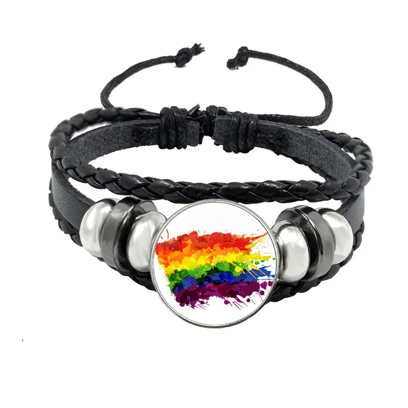 LGBT Schwarz Weave Leder Armband Bi Stolz Glas Cabochon Homosexuell Stolz Regenbogen Flagge Foto Armreif Schmuck Für Frauen Männer Liebhaber geschenk