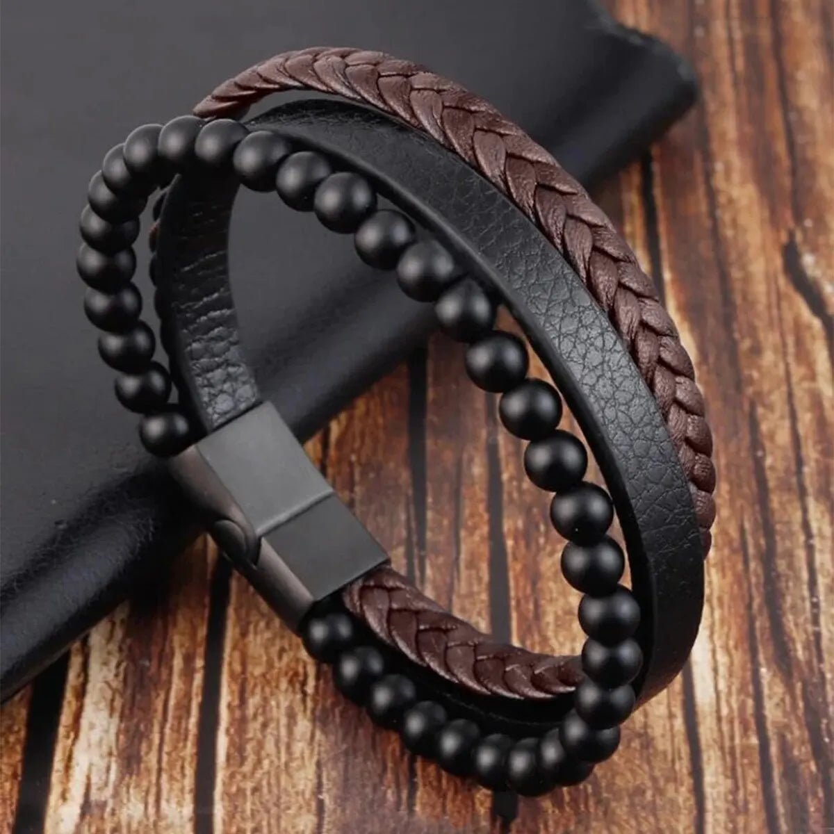 Mehrstufiger Vulkanstein oder Tigerauge-Stein plus dreilagiges Herrenarmband aus PU-Leder, Business-Freizeit-Geschenk für Männer