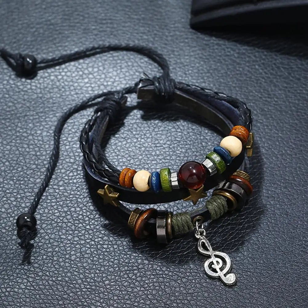High-end-Männer Und Frauen Perlen Leder Armband Vintage Armband Armband Armband Stern Note Armband Musical Einstellbar Multi F9J3