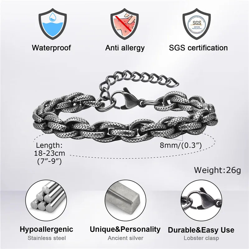 Hiphop 8mm handgefertigte Gliederkettenarmbänder für Männer Teenager Jungen, Punk Vintage Edelstahl Kettenarmband Schmuck Geschenke