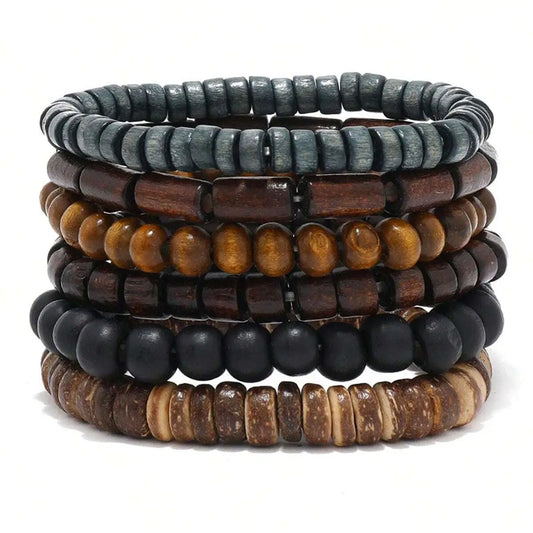 6PCS Wodeen Geflochtenes Wrap Lederarmband für Männer Vintage Leben Holzperlen Mode Männliche Armband