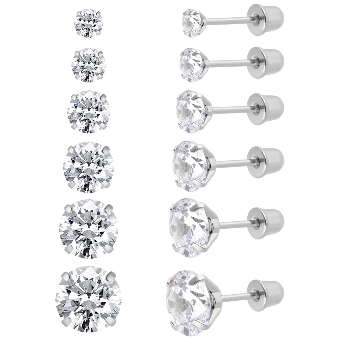 6-teiliges Ohrstecker-Set aus Edelstahl mit Schraubverschluss, vergoldet, Herz, Stern, quadratisch, Prinzessinnenschliff, rund, Zirkonia, CZ