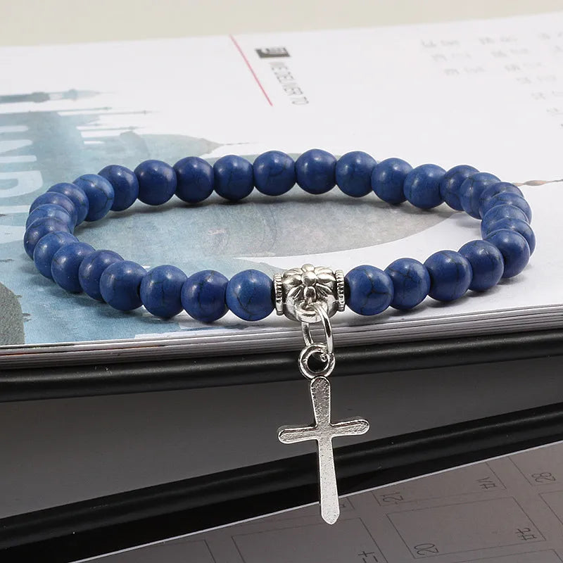 Neue Kreuz Anhänger Armbänder Männer Naturstein 6mm mattschwarz Yoga Strang Kette Vintage böhmischen Schmuck für Frauen Mode Geschenke